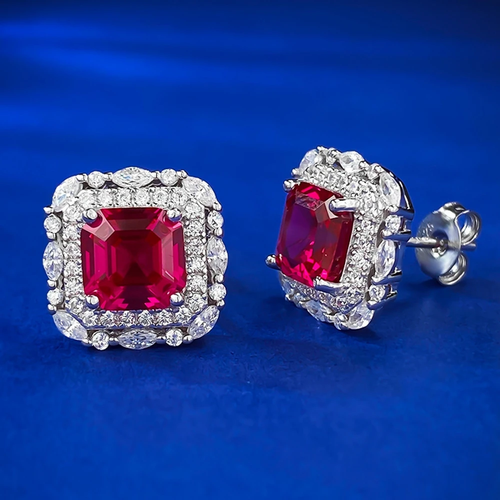 Wong Rain Vintage 925 Sterling Silver Asscher Cut 7*7 MM Ruby High Carbon Diamond Gemstone Studs Earrings Jewelry Free Shipping