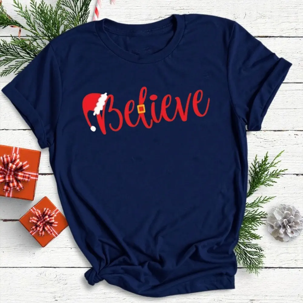 크리스마스 믿으세요 셔츠 크리스마스 믿으세요 셔츠 크리스마스 파티 셔츠 캐주얼 창의력 반팔 코튼 유니섹스 스트리트웨어