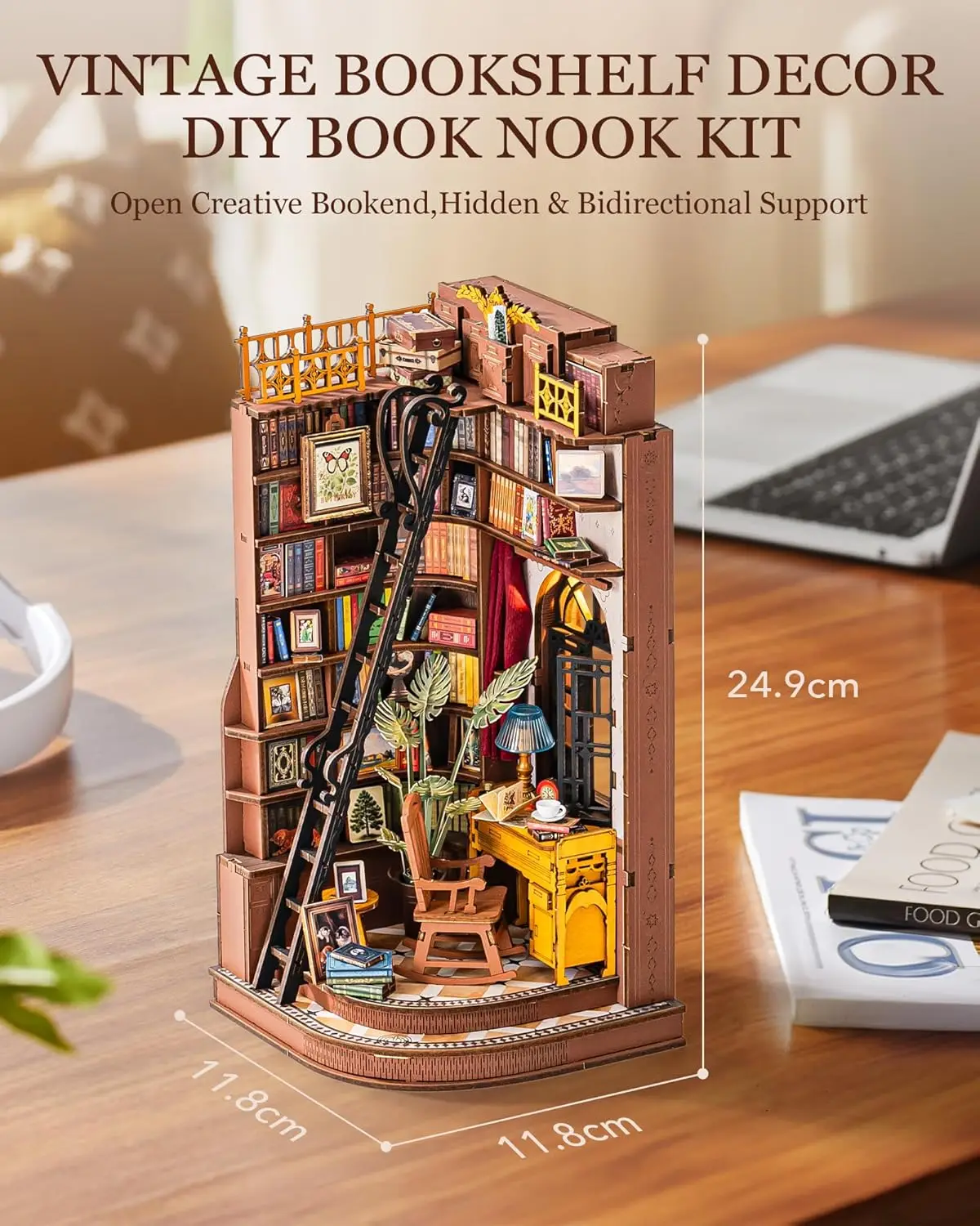 Robotime Rolife, estudio de esquina silencioso, bricolaje, rincón de libros, estante de inserción, casa de muñecas en miniatura de madera para estantería, muebles de inserción TGE02