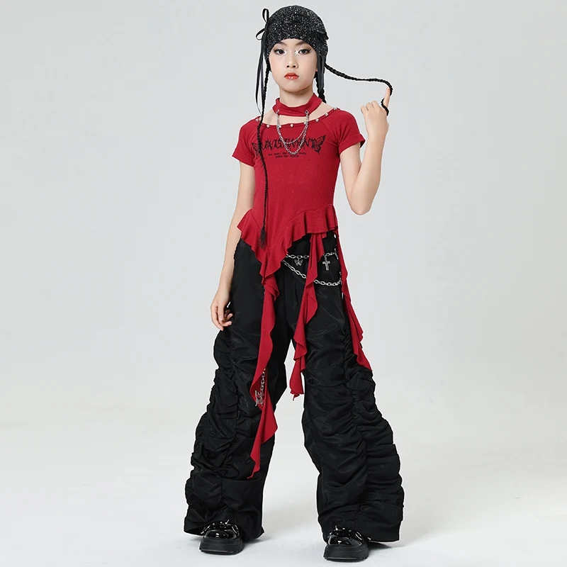 جديد الفتيات مجموعة الجاز الرقص أزياء مسرحية للفتيات بلوزات حمراء السراويل السوداء وتتسابق الهيب هوب الرقص تظهر المرحلة ارتداء DQS19685