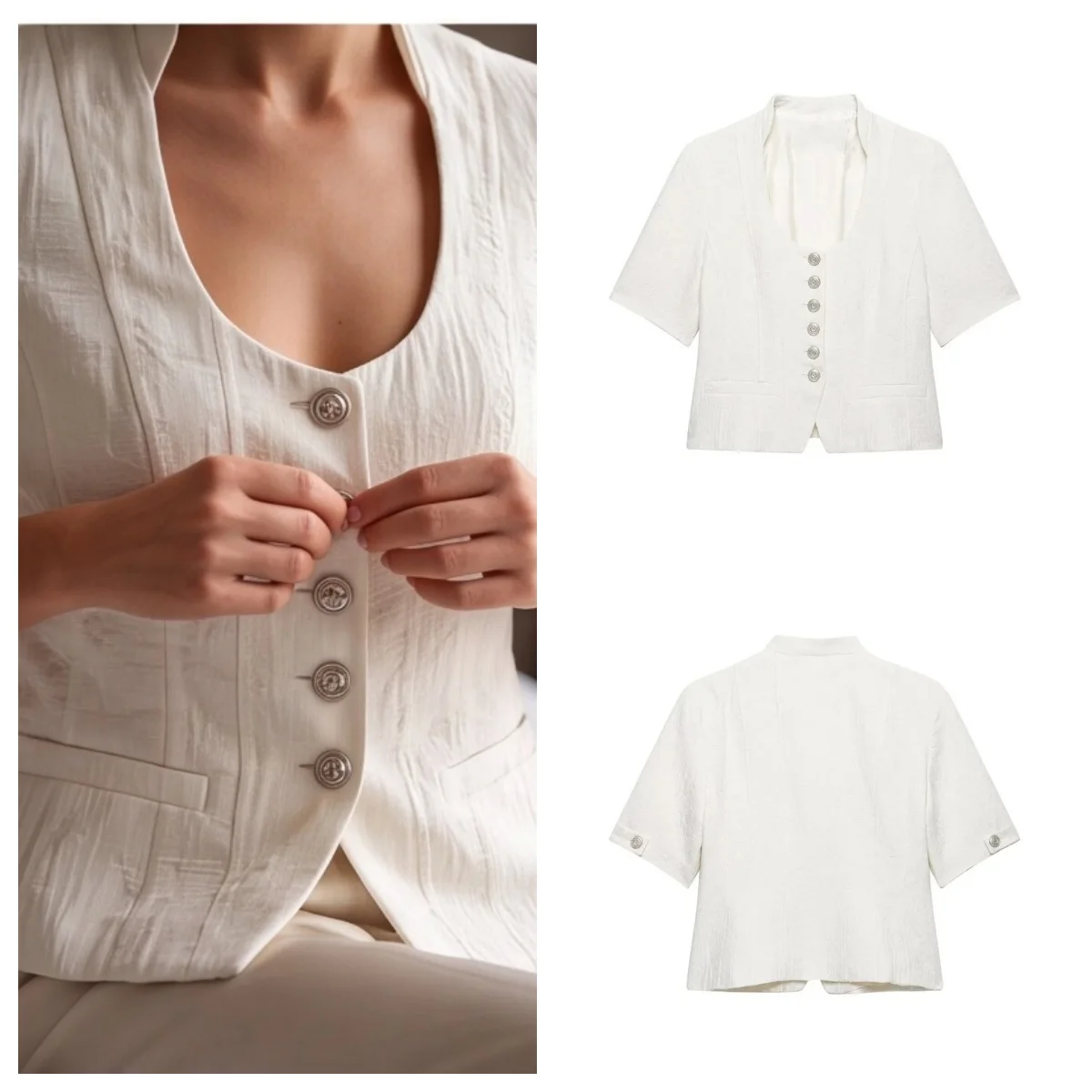 Women Minimalist Outfit 2026 Summer New White Jacquard Short Sleeve Blazer Socialite Style Elegant