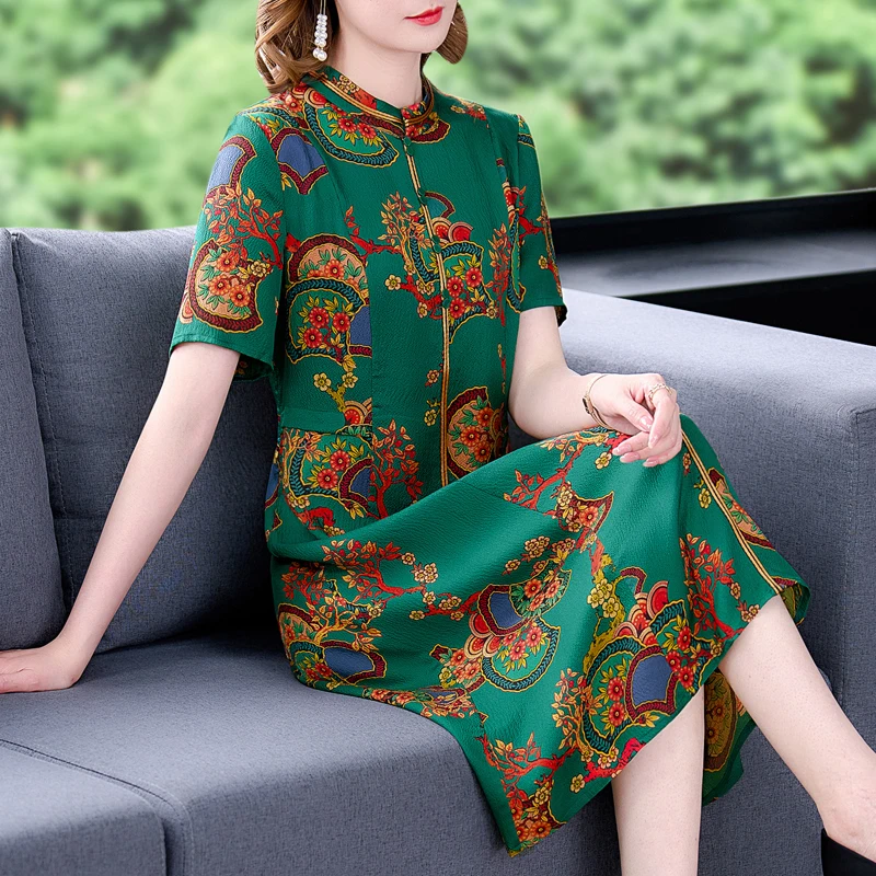 Frauen Blumen natürliche Slik Kurzarm Midi Kleid Sommer elegante Bodycon lässig Party kleid 2024 koreanische Vintage Abendkleider