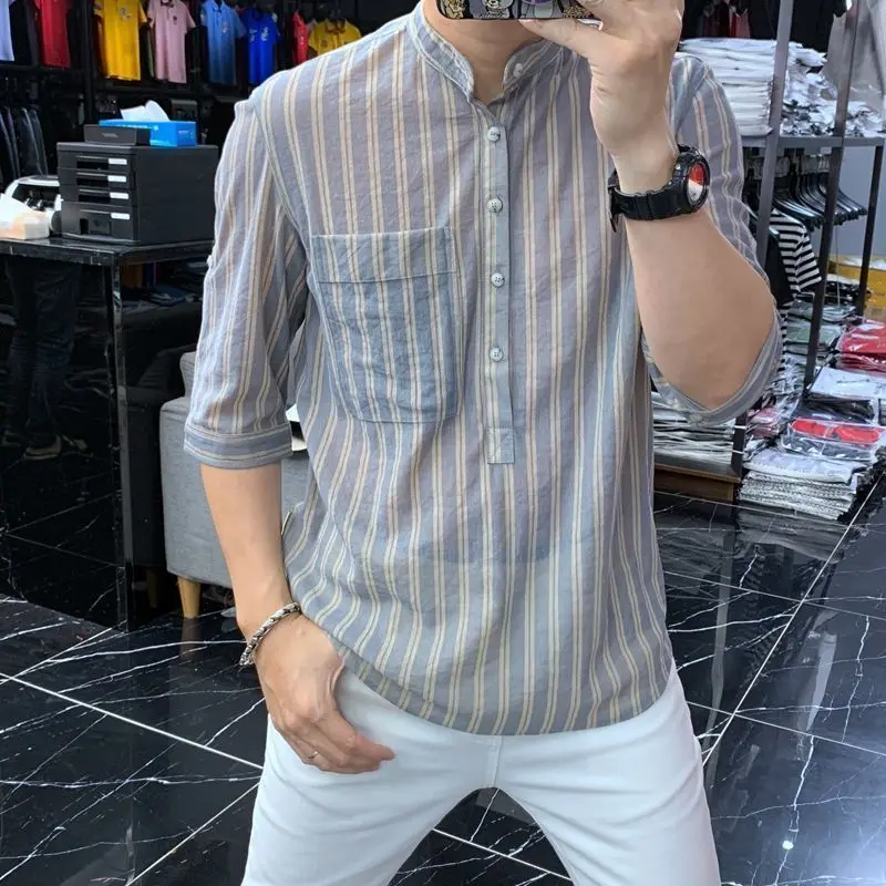 

Button Pockets Solid Loose Shirts Straight Striped Stand Collar Comfortable Spring Summer Thin Short Sleeve Men's Clothing 2023