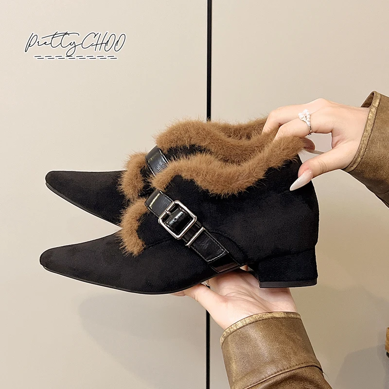 

Fashion Point Toe Fur Pump Shoes Woman Belt Buckle Warm Plush Ankle Boots Lady Winter Brand Design Low Heel Fluffy Dress Zapatos