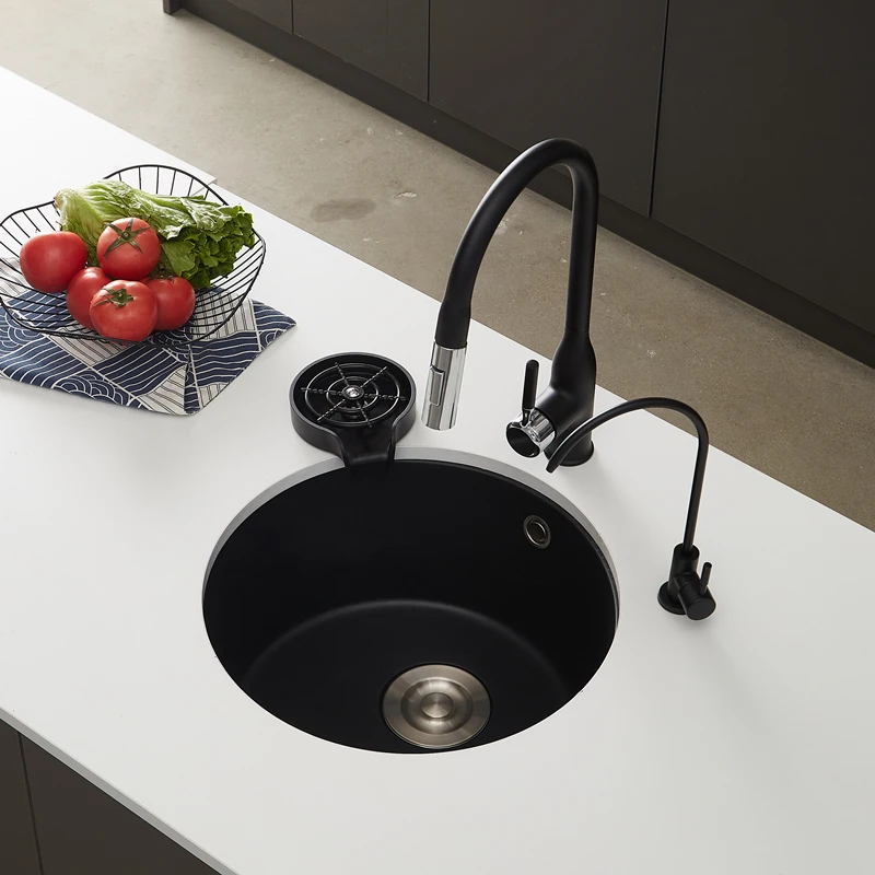 Small Round Quartz Granite Single Bowl Sink, Multi-Color Drop-in with Faucet - view 3