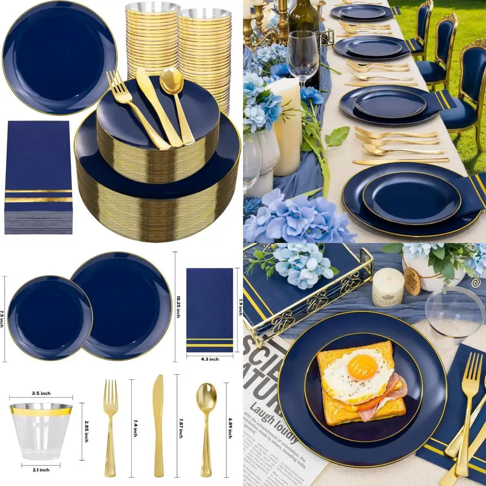 

Navy Blue Disposable Dinnerware Set for 50 Guests - 100 Dinner Plates, 150 Dessert Plates, Gold Silverware Included