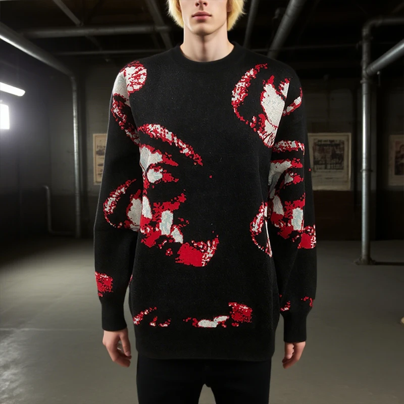 Halloween Gothic Eye Pattern Sweater Men's and Women's Extra Large Knitted Hoodie Harajuku Street Wear Y2K Aesthetic Top