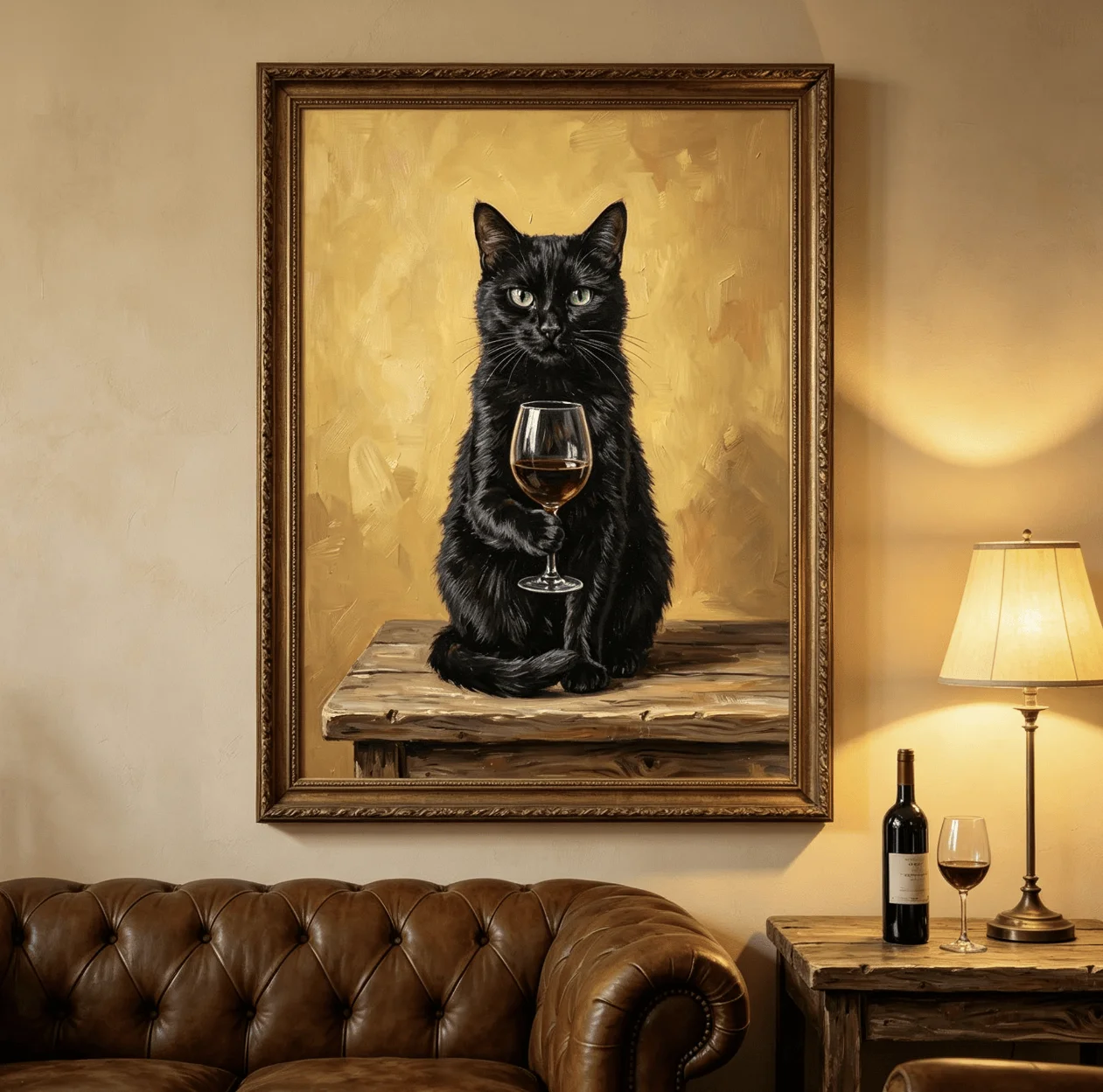 Elegant Black Cat Wine Wall Art Canvas Prints Poster, Classic Animal Decor For Bar,Kitchen,Dining,Living Room Home Wall Decor