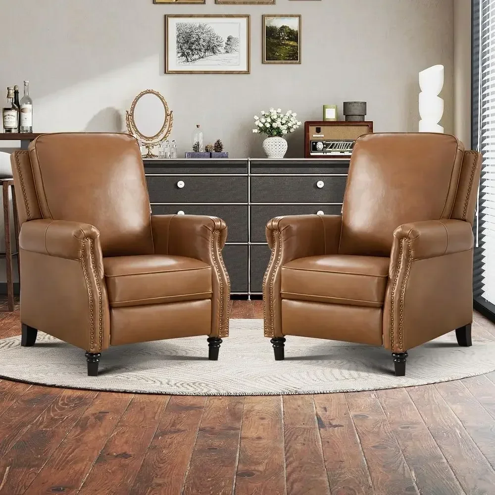 Brown Genuine Leather Pushback Reclining Chair Set of 2 with Padded Seats and Wingback Design for Living Room
