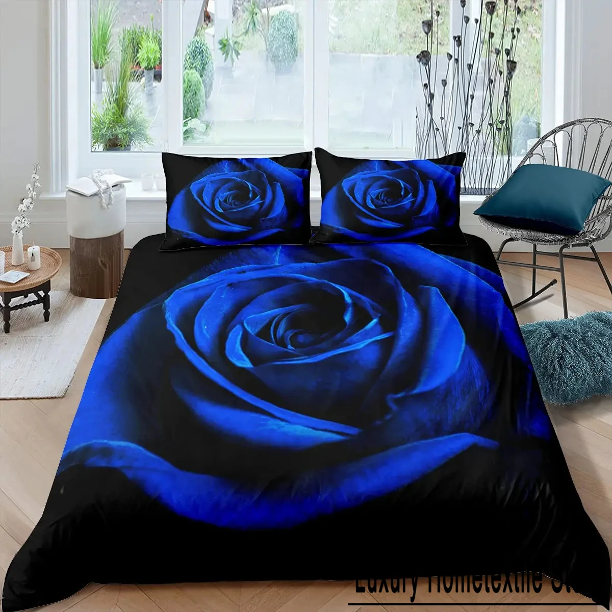 Blue Rose Duvet Cover Set King Size 3D Printed Blossom Flowers Bedding Set Valentine's Day Botanical Polyester Comforter Cover