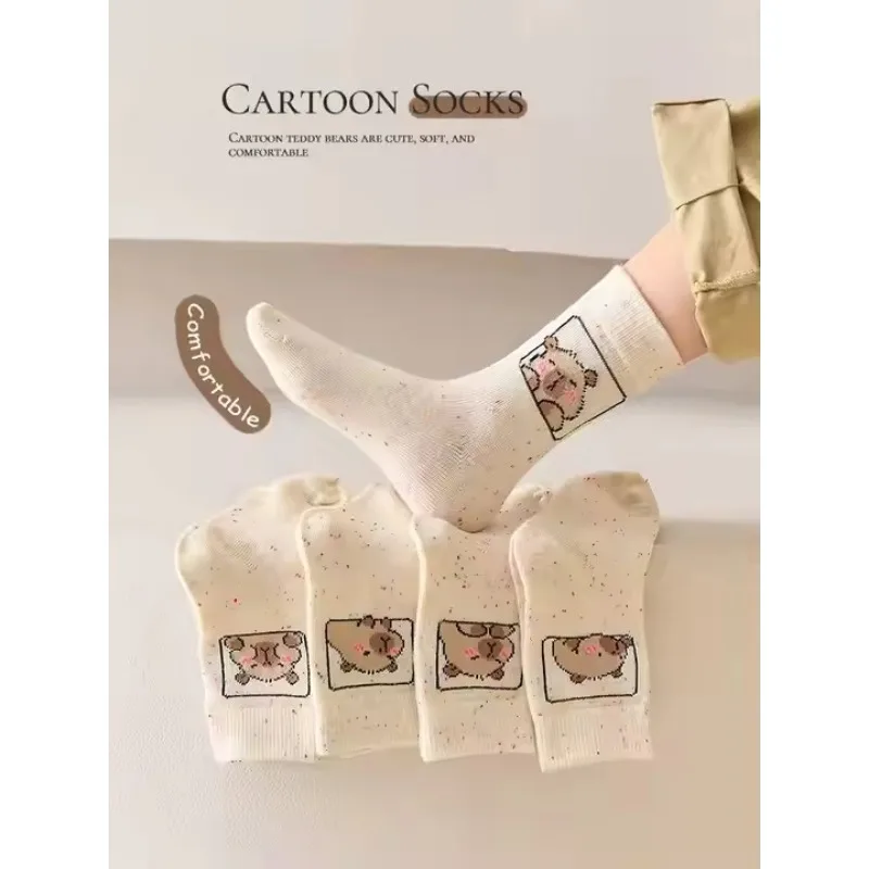 5-50Pairs High Quality Capybara Boy Girl Unisex School Student Children Cartoon Bear Soft Breathable Cotton Crew Socks Set