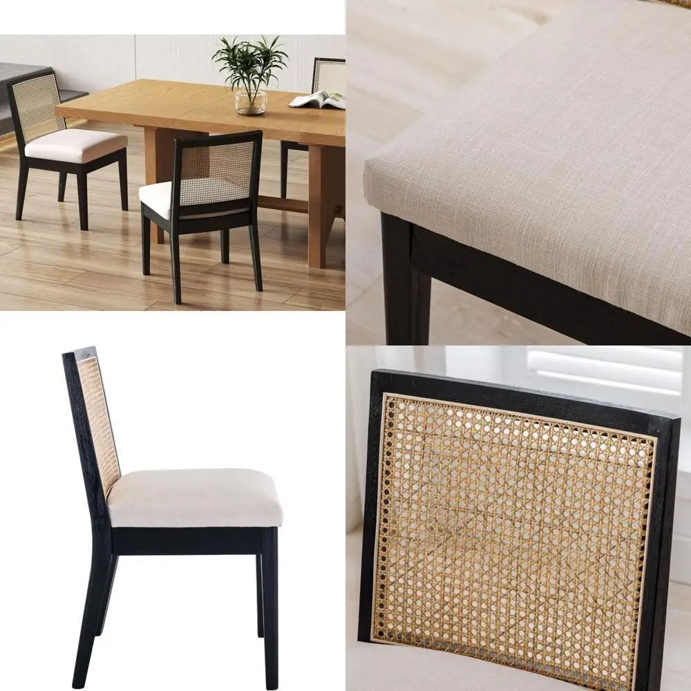 Pair of Rattan Farmhouse Dining Chairs with Cane Back and Upholstered Seats for Comfortable Dining