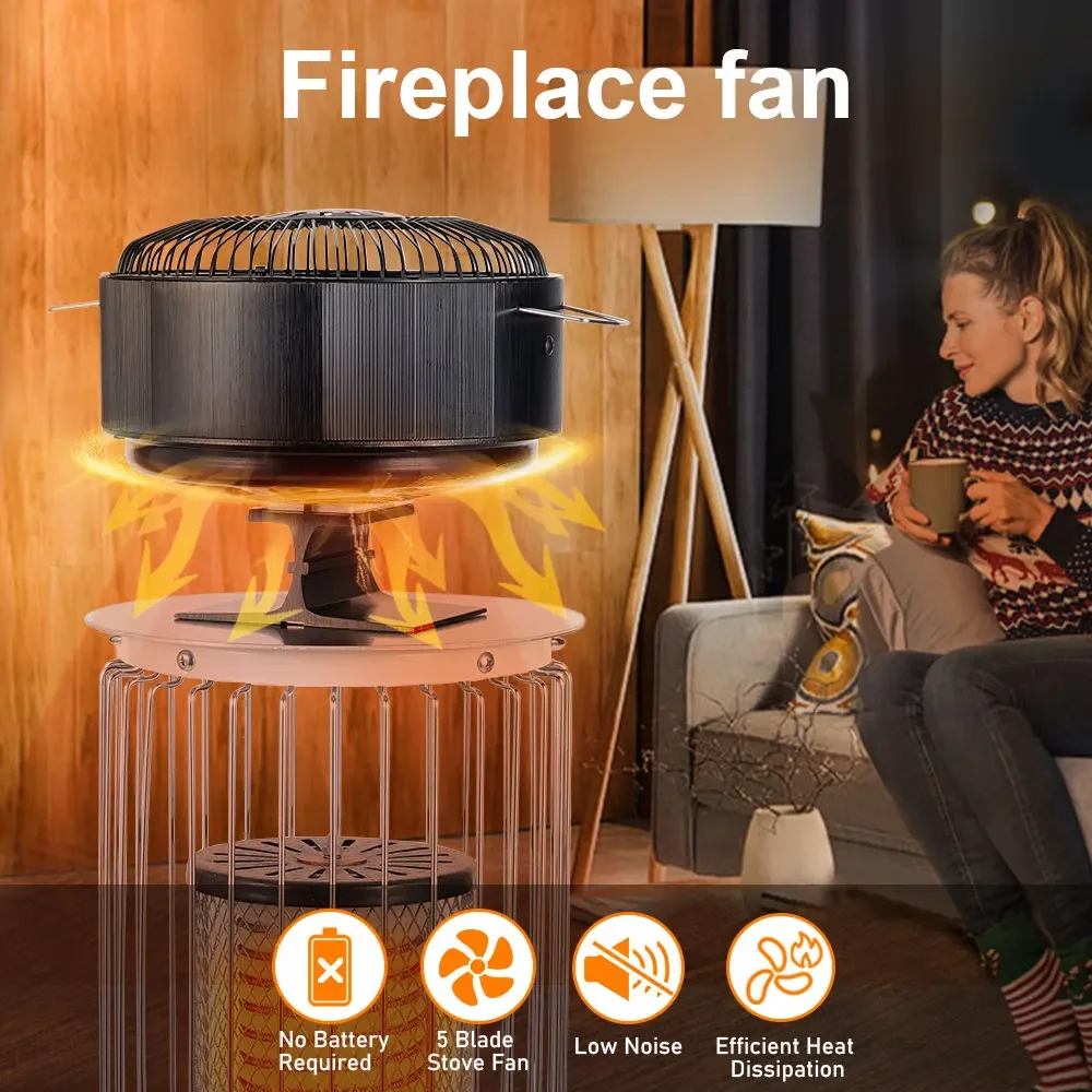 5 Blades Black Free Standing Fireplace Fan Heat Powered Stove Fan Log Wood Burner Eco Quiet Home Efficient Heat Distribution