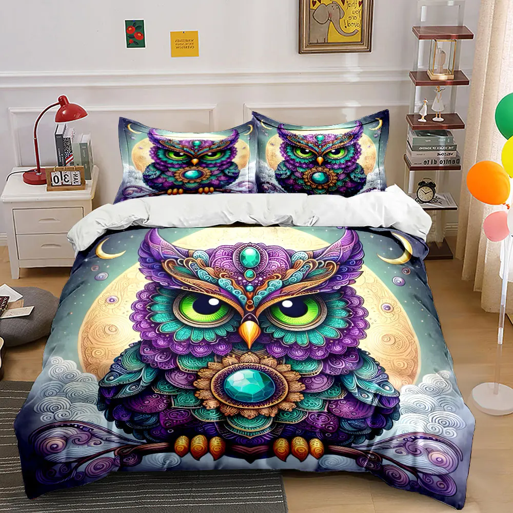 Ornate colorful owl with moon arrière-plan Printed Duvet Cover Set1 Duvet Cover+2 PillowcaseMulti Size Bedroom Bedding Decor