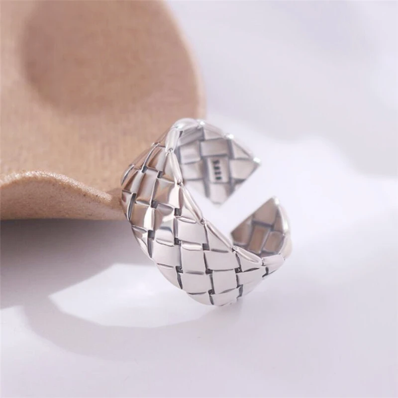 Sole Memory Geometric Retro Woven Mesh 925 Sterling Silver Resizable Opening Ring For Women Luxury Jewelry RI930