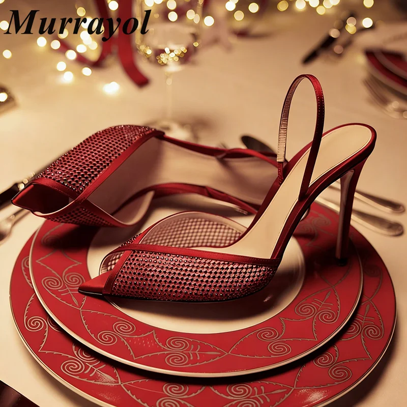 

Новые женские босоножки с острым носком, сетчатые, с блестящими стразами, на тонком высоком каблуке, с ремешком сзади, летние модные туфли для банкета и торжественных мероприятий