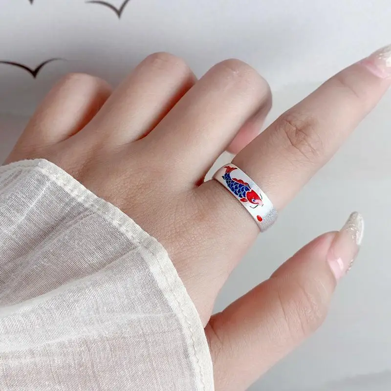 Ethnic Style Zhaocai Koi Fish Enamel Technology Color Ring Women's Vintage National Style China-Chic Gel Drop Fashion Open Ring