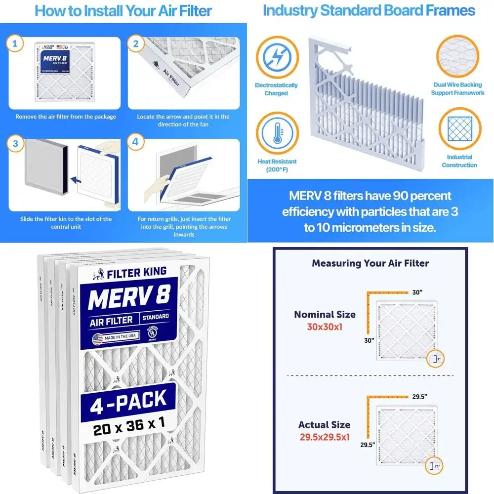

4-Pack 20x36x1 MERV 8 Air Filters for Dust and Allergy Control - Pleated, Electrostatic, Made in USA