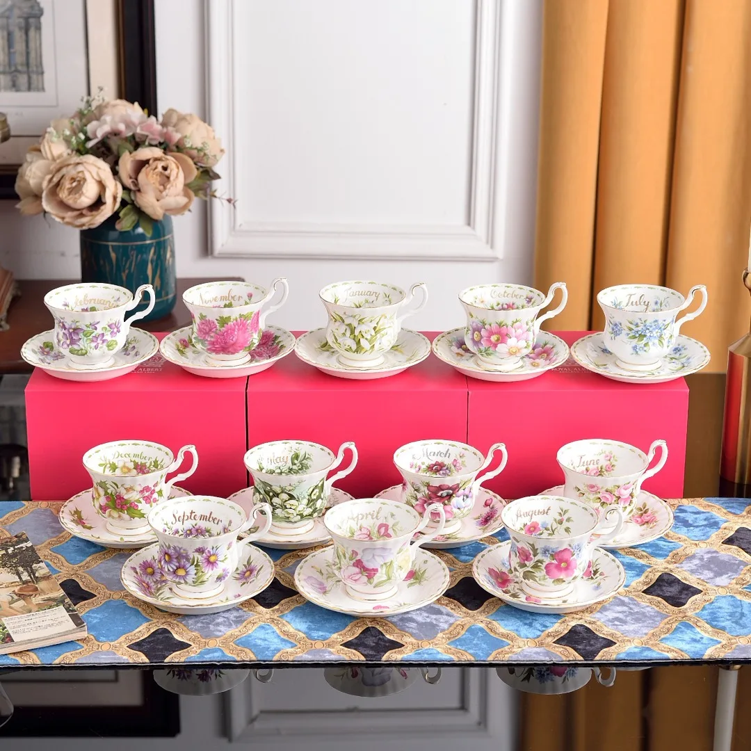 Royal Bone China Floral Language Month Cup Flower Afternoon Tea Coffee Cup And Saucer Set Gift Box For Home Luxury Present