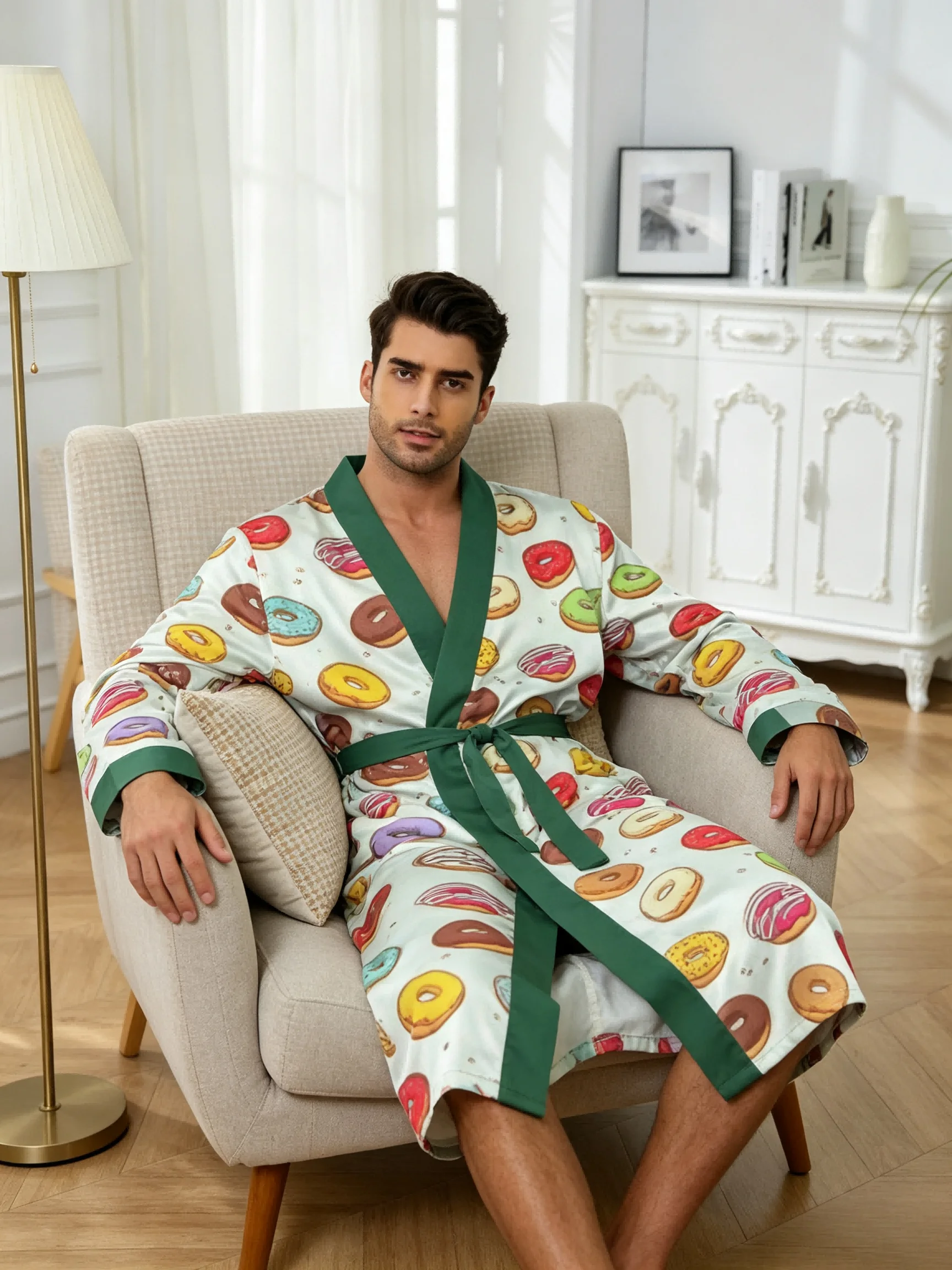 Men's lightweight quick-drying pajama bathrobe - 3D digital printing, non-fading design, stand-up collar and adjustable waistban