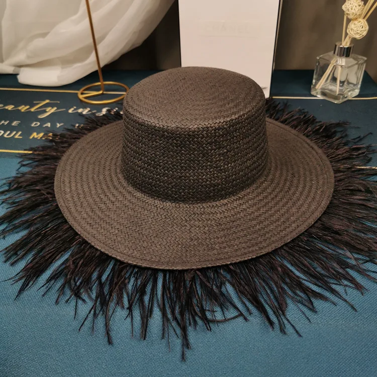 Vintage socialite feather flat top straw hat temperament goddess tassel big eaves hat hat all-match sun block hat summer