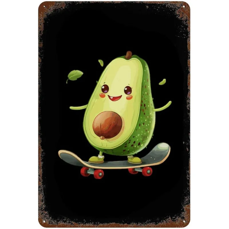 Cute Avocado Skateboarding Tin Logo Retro Printing Tin Hanging Painting Vertical Funny Poster Home Decoration Wall Art