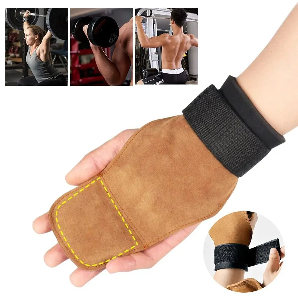 Double Layer PU Leather Gloves Cowhide Palm Anti-Skid Weight Lifting Gloves Grip Pads Wrist Strap Deadlift Gloves