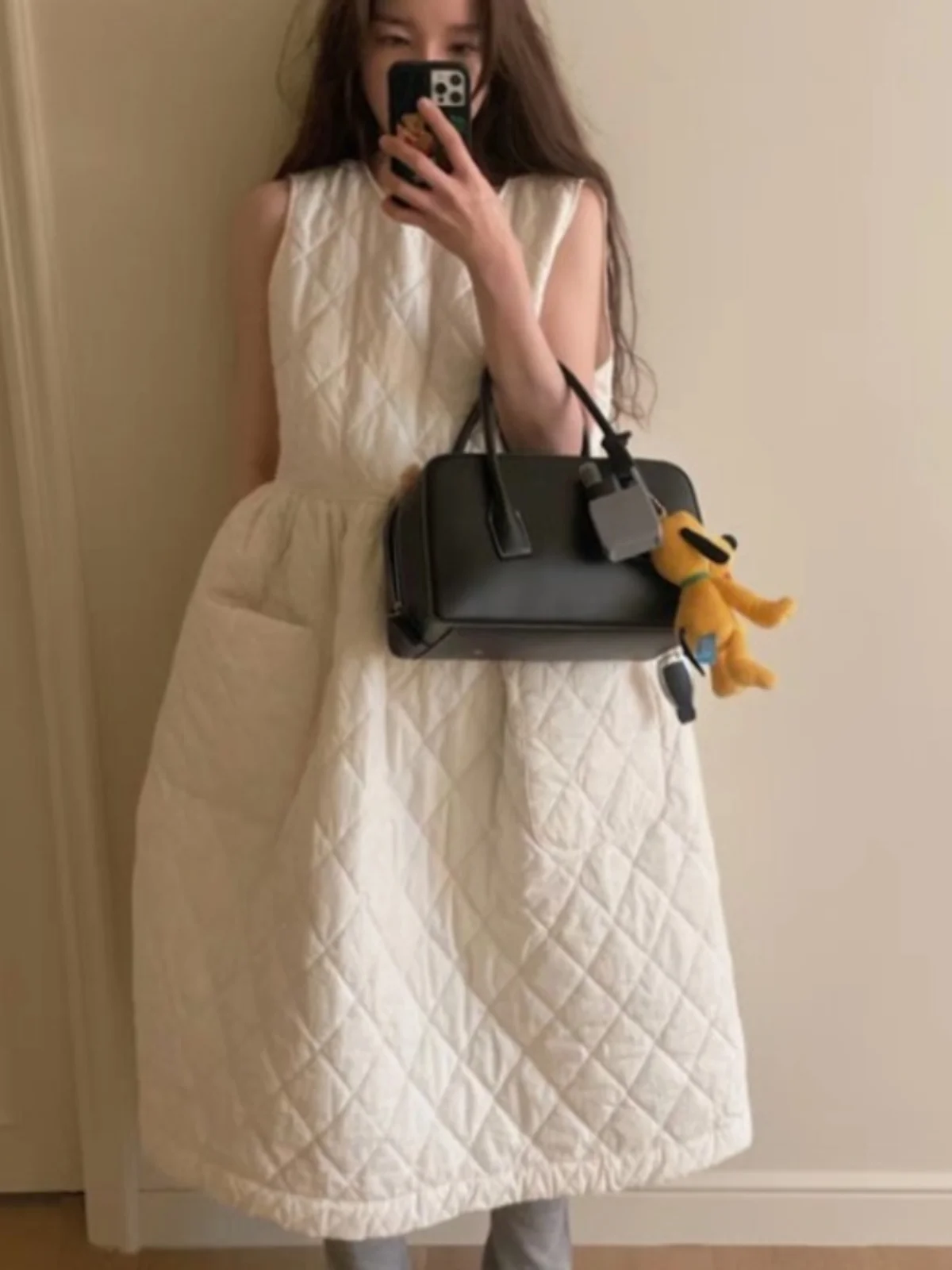 

Fall Korean Sle Cotton Blend Vest Dr Women's Faion High Waist A-Line Midi Skirt Svel round Ne Color