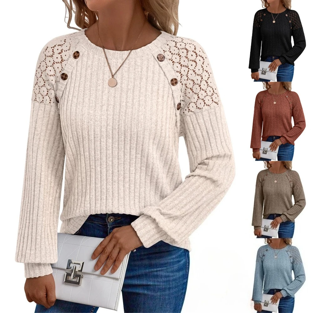 

Y2K new women's crew neck brushed solid color pullover T-shirt loose casual hollow button long sleeve casual splicing top