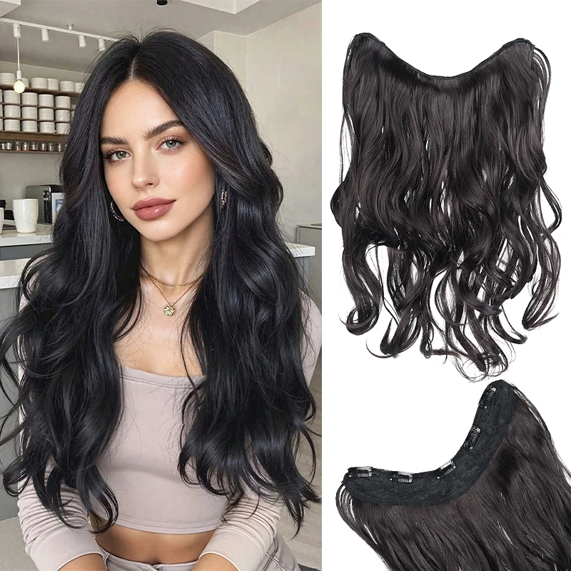 20 Inch Layered Big Wave Synthetic Wig Extension V Shape Clip In Hairpiece for Volume & Length