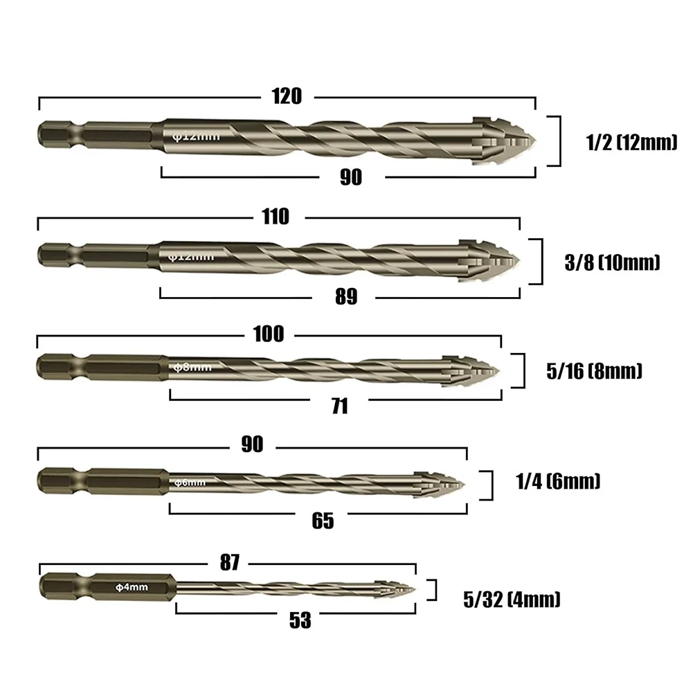 5pcs Eccentric Drill Bit 4 Edge Masonry Drill Bits Set For Concrete Glass Brick Four-edge Serrated Eccentric Dry-drill Bit