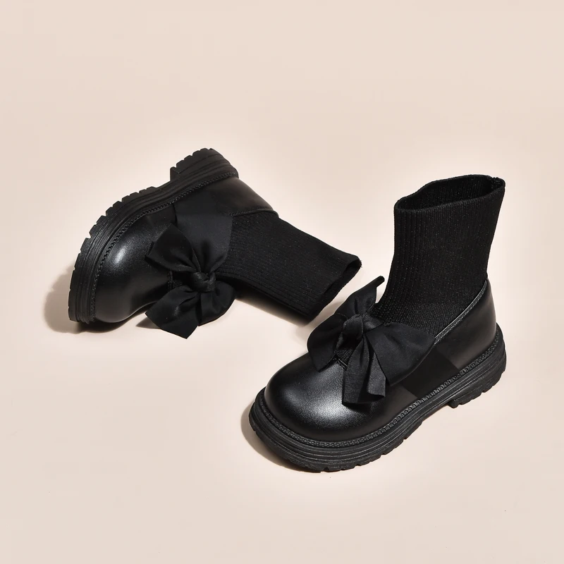 

Elegant Girls Fashion Princess Socks Boots New Bowknot Kids Platform Ankle Boots Causal Children's Catwalk Short Boots Round Toe