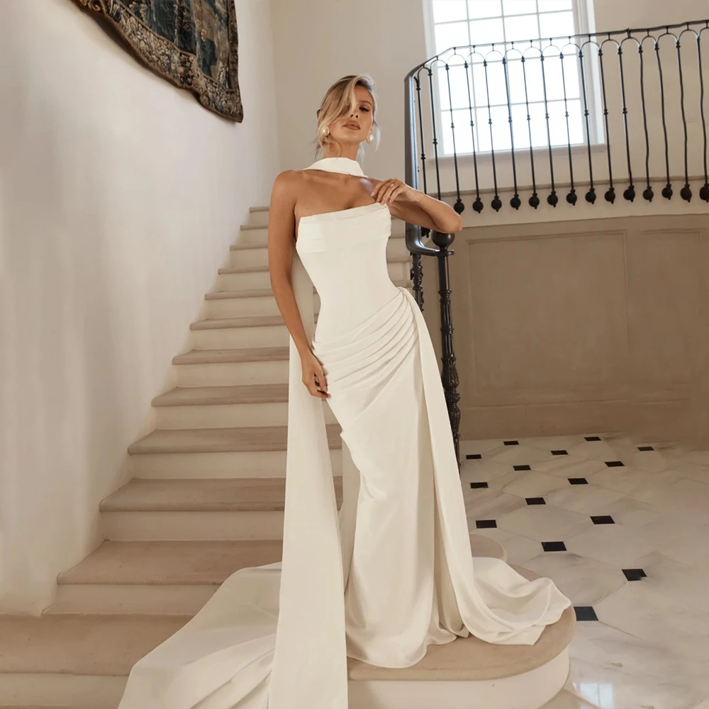 Mophiel Mermaid Wedding Dresses Strapless Sleeveless Satin Bridal Gown for Women with Ribbon Pleat Beach Bride Dress Customized