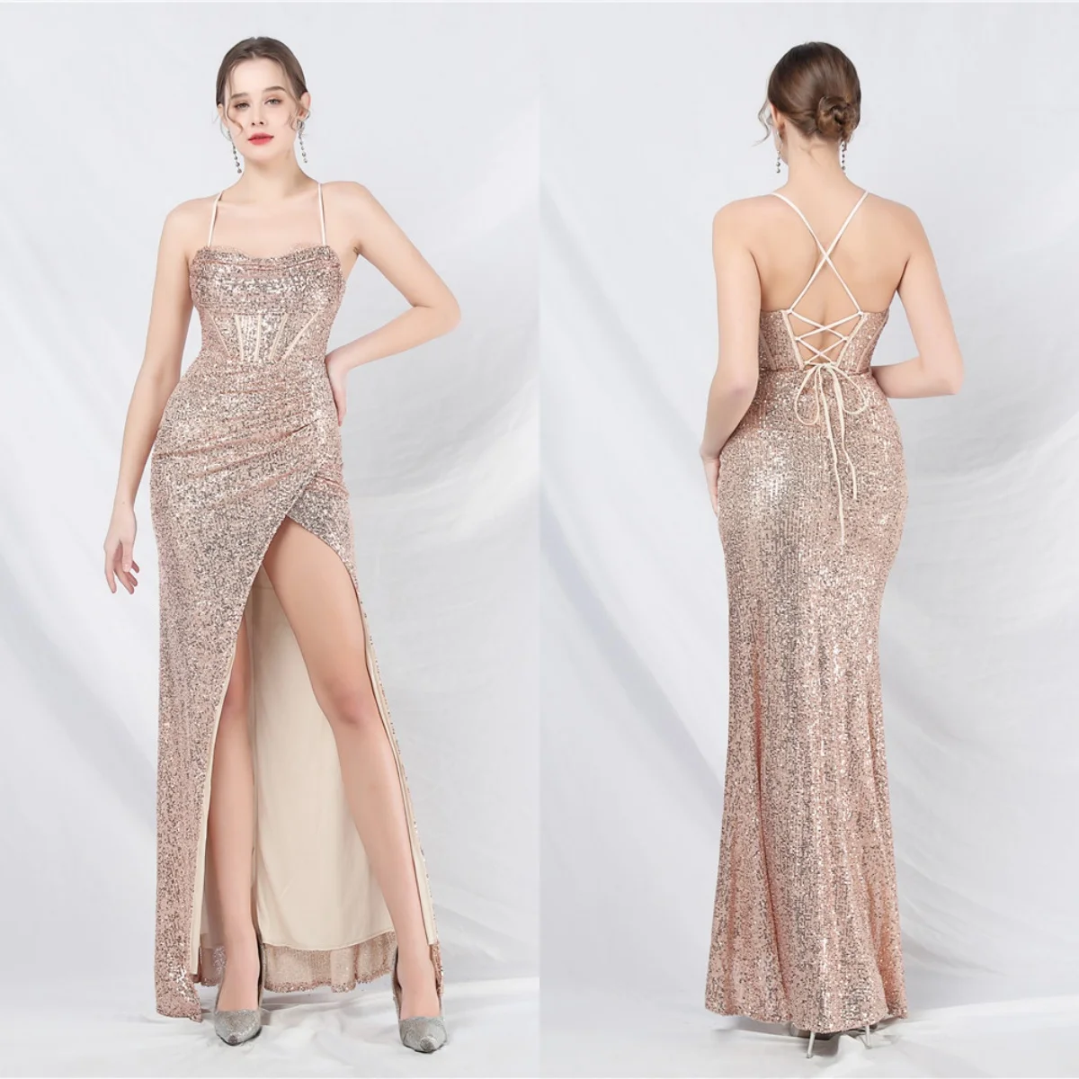 

Evening Dress Golden Sequins Stretchy Spaghetti Straps Zipper Back Mermaid Trumpet Floor Length Women Party Formal Gown YE201