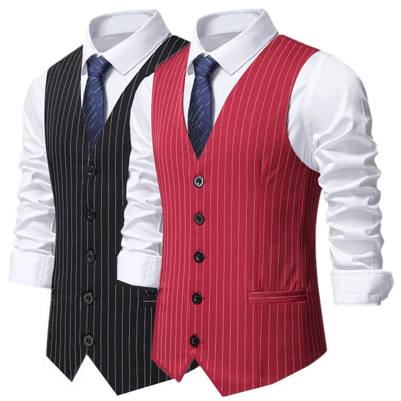 New Men Business Social Loose Stripe Suit Vest Black / Red Fashion Homme Wedding Prom Party Dresses Waistcoat