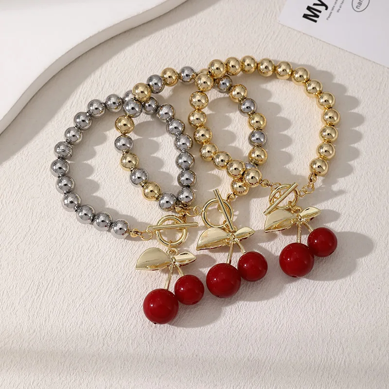 1pc Resin cherry OT buckle copper beaded bracelet, suitable for women\'s daily wear
