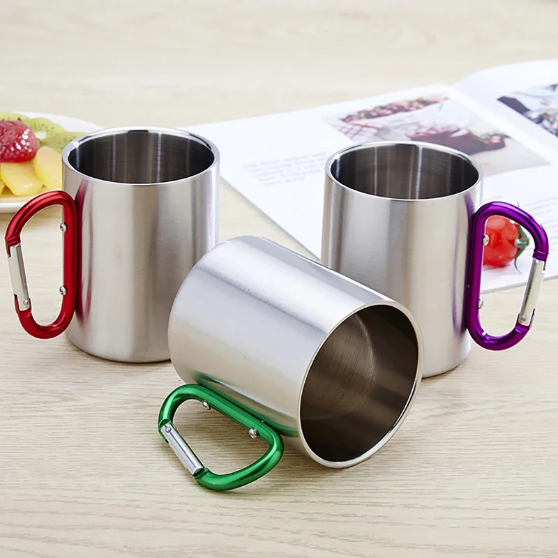 220ml Camping Travel Stainless Steel Cup Carabiner Hook Handle Picnic Water Mug Outdoor Travel Hike Cup