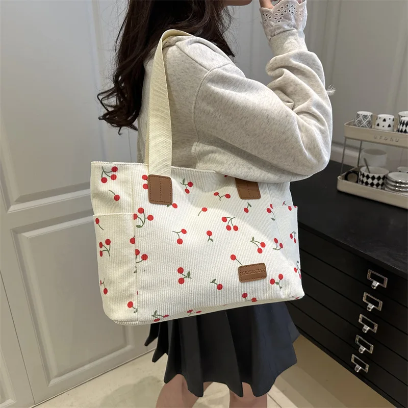 

Simple Women's Corduroy Portable Shoulder Bag Cherry Print Ladies Casual Tote Bags Commuter Cute Female Shopping Handbags