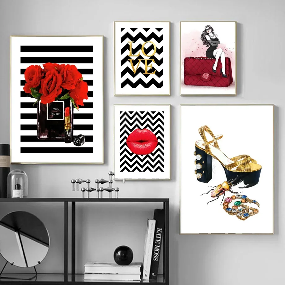 Fashion Logo Perfume Red Lips Girl Bag Wall Art Canvas Painting Nordic Posters And Prints Wall Pictures For Living Room Decor