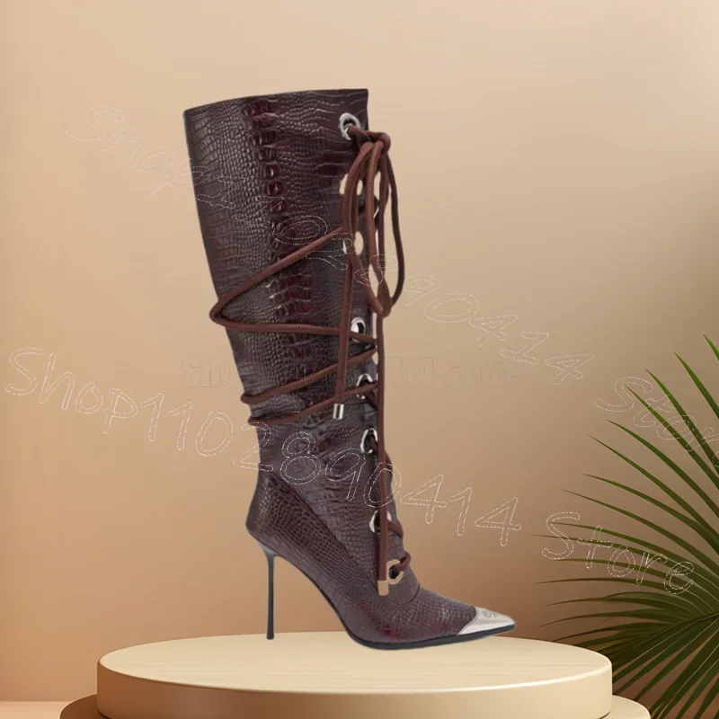 

Burgandy Alligator Print Strappy Pointed Toe Boots Side Zipper Women Shoes Thin High Heels Party Dating 2026 Zapatos Para Mujere