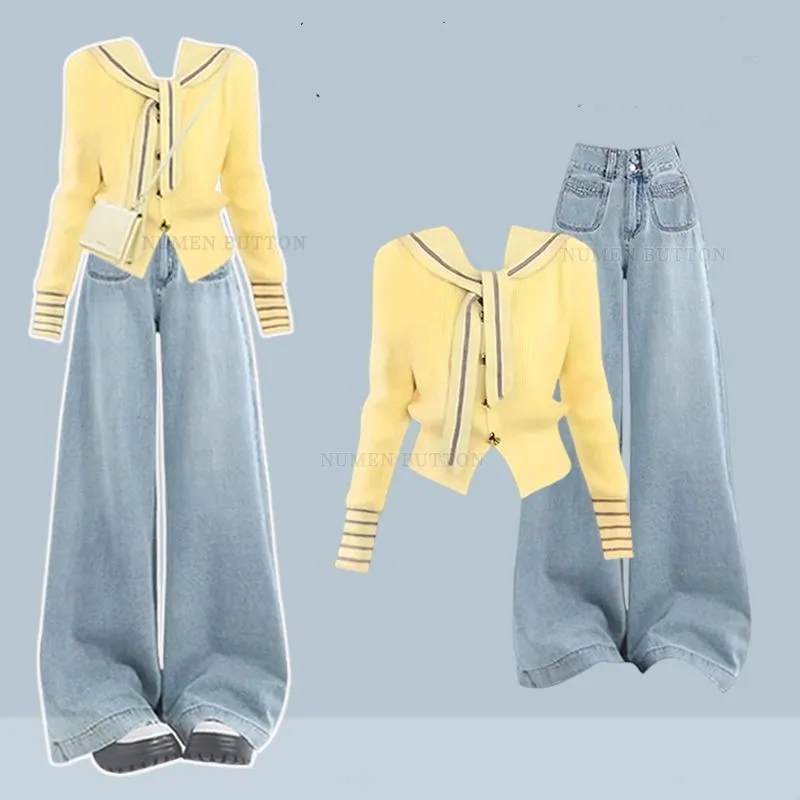 Women's Spring Autumn New Fashion Knit Sweater Cardigan+Shawl+Loose Jeans Two-Piece Set Korean Legant Denim Pants Matching Set