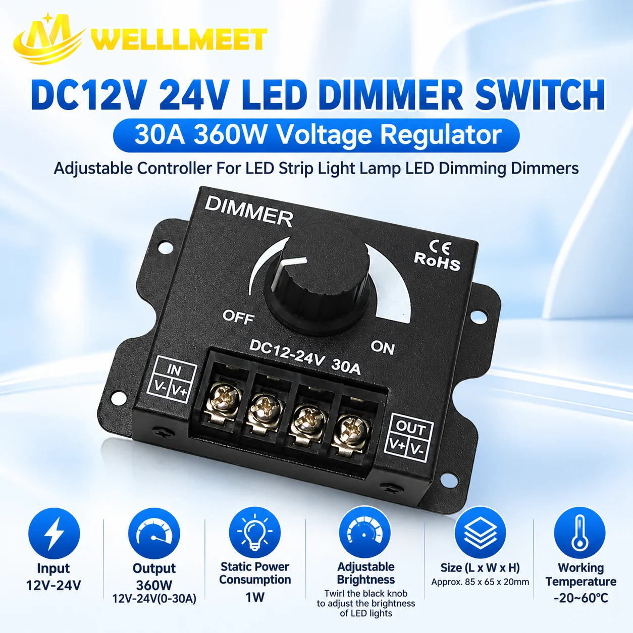 360W PWM Knob Dimmer DC12-24V 30A Single Color LED Light Strip Controller
