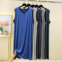 Modal Cotton Men Plus Size Pajamas Night Gown for Summer Solid Color Thin Sleeveless Medium Long Loose Button Vest Style Dress
