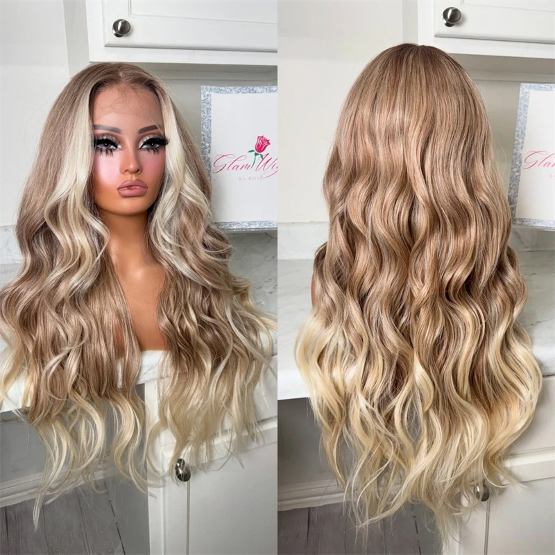 

Ombre Golden Blonde Wig Soft HD Lace Front Wig Pre Plucked Hairline Long Wavy Synthetic Wigs for Daily Cosplay Party Use 26inch