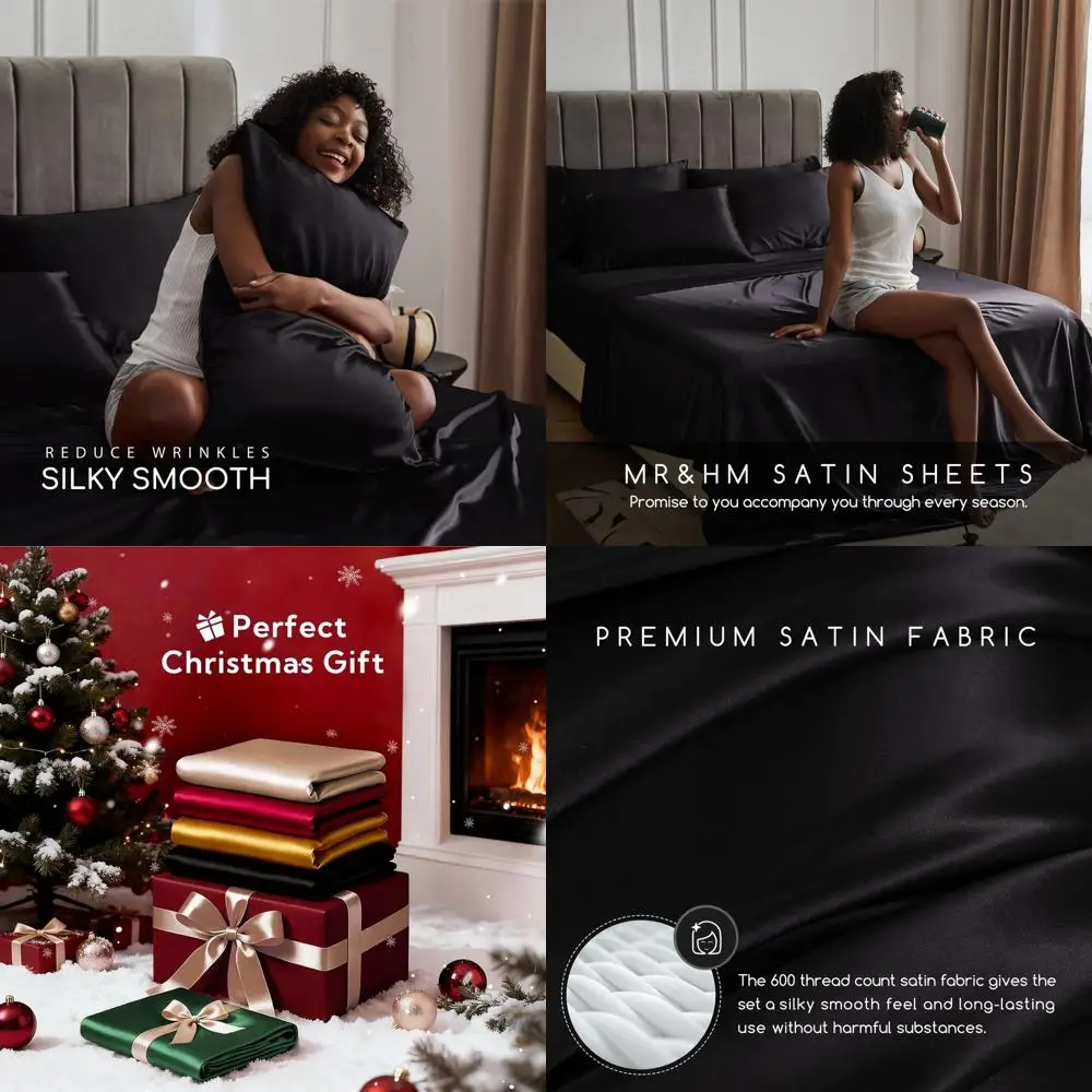 

Queen Size Satin Sheets Set, 6-Piece Silky Bedding with 15 Deep Pocket, Black