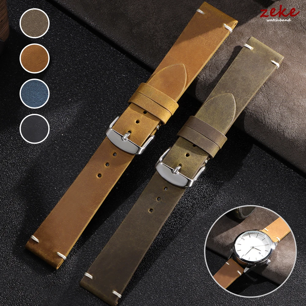 

Wristband 18mm 20mm 21mm 22mm 24mm Vintage Oil Wax Watch Band Handmade Stitching Cowhide Strap for Omega for Seiko Smartwatch