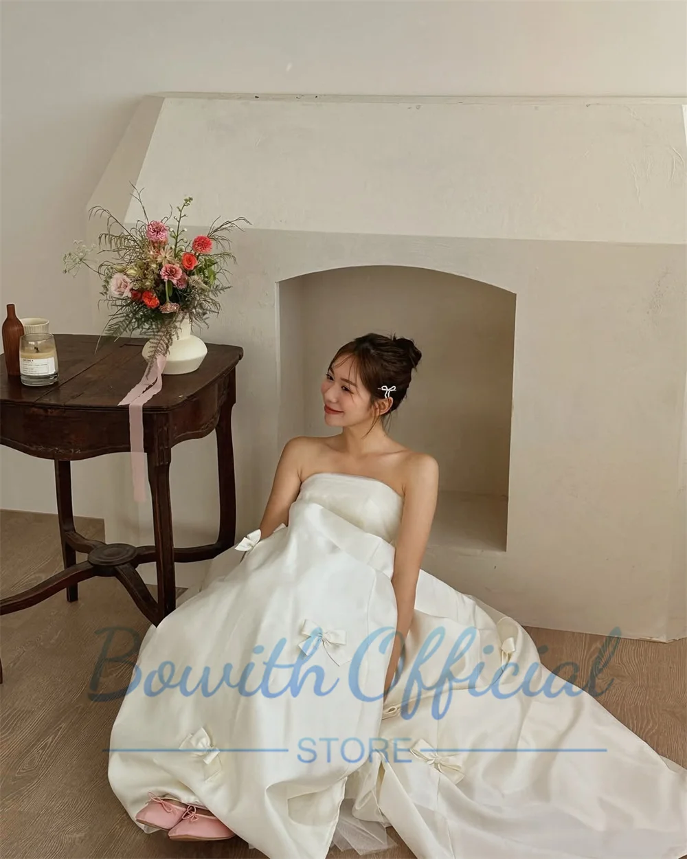 Bowith Simple Strapless Tulle Satin Korea Wedding Dress Customized Floor-Length Bow Bridal Gown A-line Sleeveless Corset Back