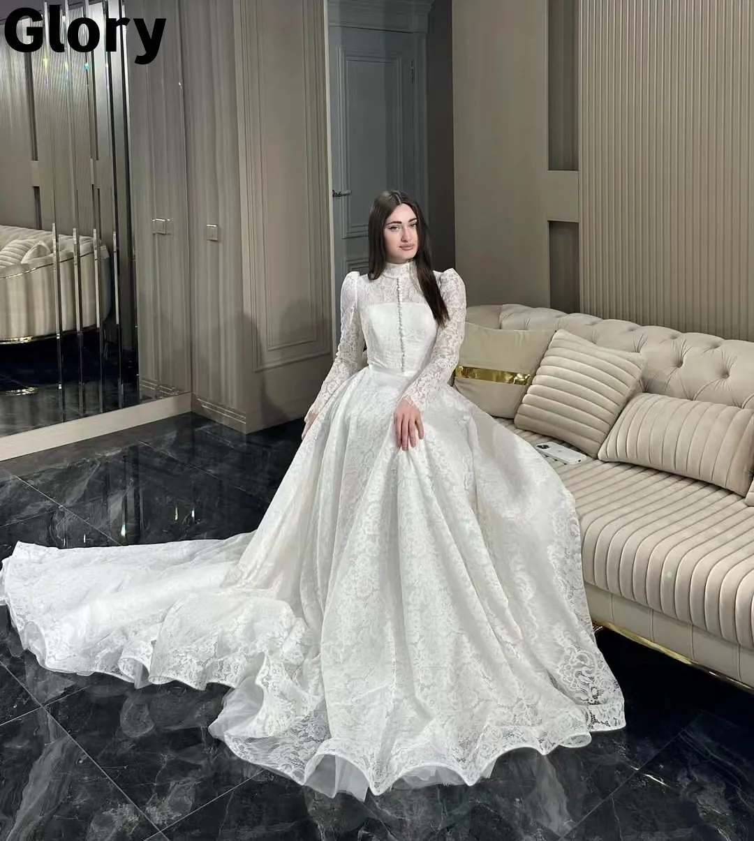 Lace A-Line Wedding Dresses 2023 High Neck Buttons Long Sleeves Court Train Customizable Vintage Bridal Gowns Vestidos De