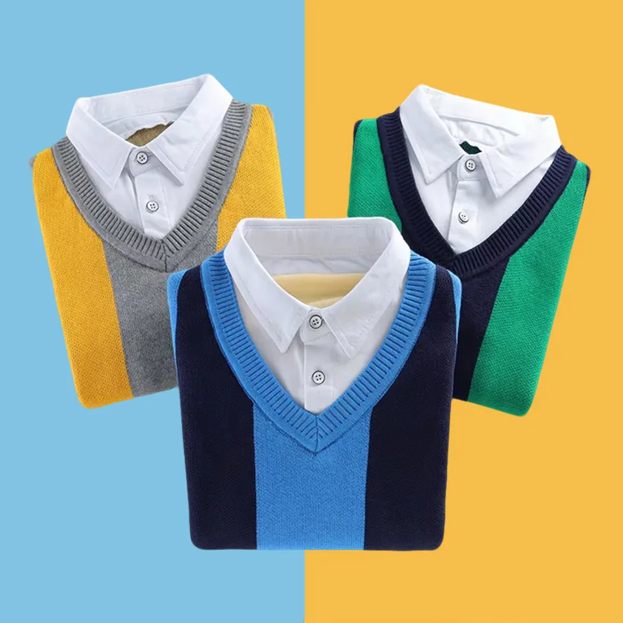 Boys Winter Sweaters 2025 New Kids Turn-Collar Pure Cotton Children's Striped Knitted Thicken Warm Pullovers Can Match Velvet