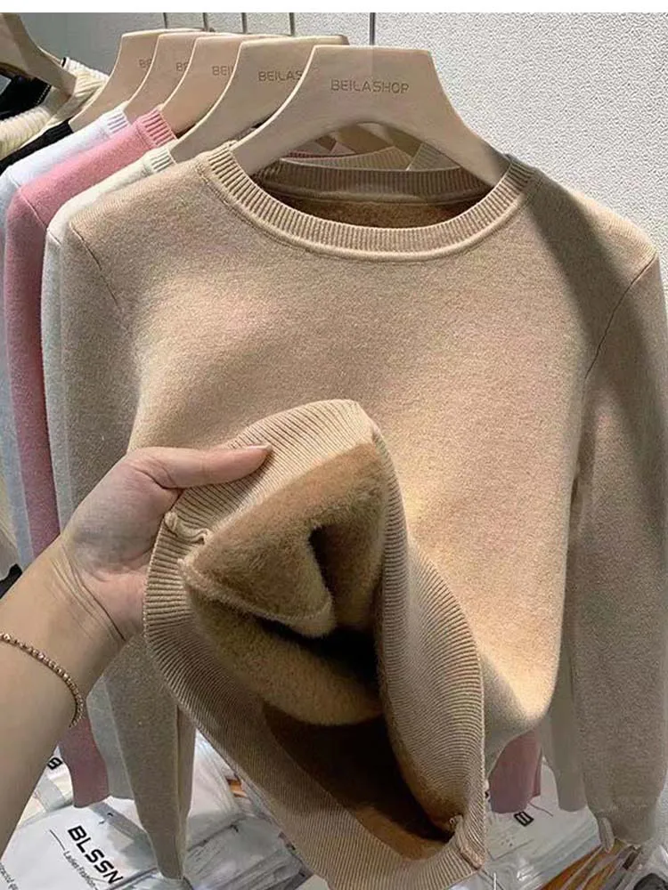 

Women's O-neck Plus Velvet Thicken Sweaters Winter Slim Warm Long Sleeve Knitted Tops Casual Plush Fleece Lined Soft Pullover